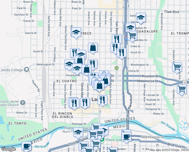 map of restaurants, bars, coffee shops, grocery stores, and more near 815 Salinas Avenue in Laredo