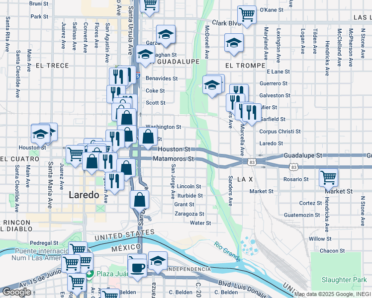 map of restaurants, bars, coffee shops, grocery stores, and more near 254 Houston Street in Laredo