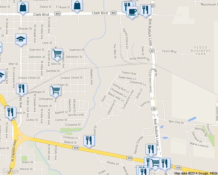 map of restaurants, bars, coffee shops, grocery stores, and more near Sioux Dr in Laredo