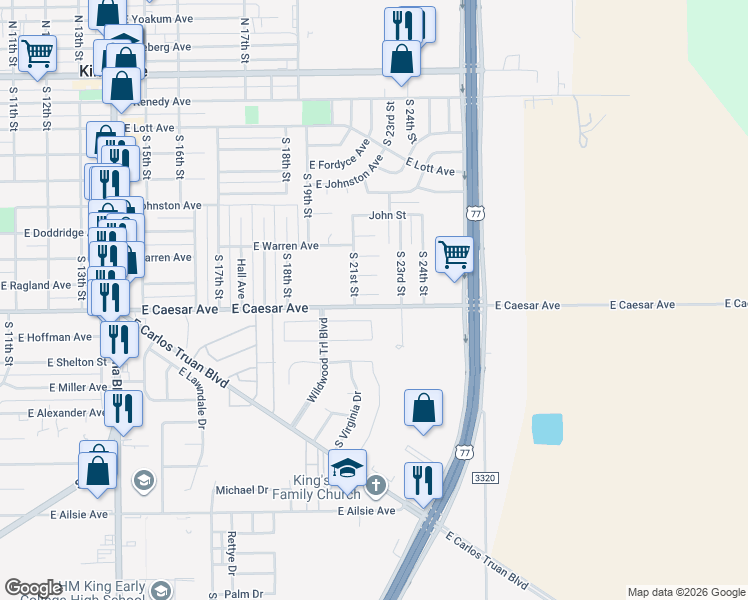 map of restaurants, bars, coffee shops, grocery stores, and more near 1717 Mildred Street in Kingsville