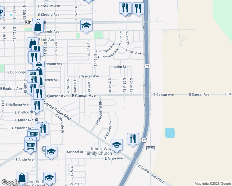 map of restaurants, bars, coffee shops, grocery stores, and more near 1717 Mildred Street in Kingsville
