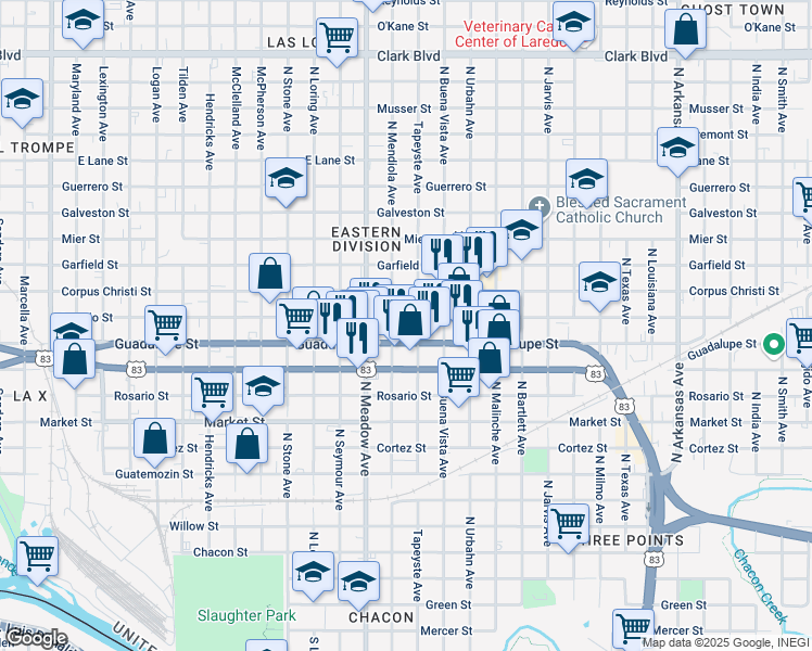 map of restaurants, bars, coffee shops, grocery stores, and more near 1200-1298 Tapeyste Ave in Laredo