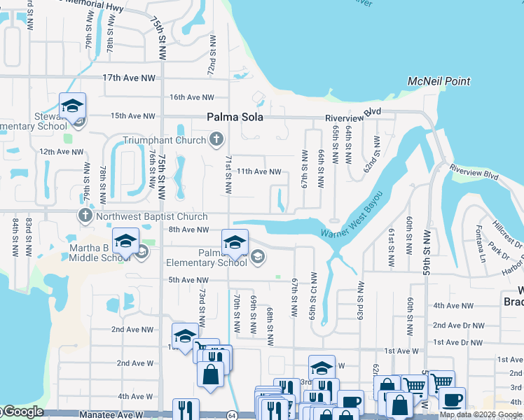 map of restaurants, bars, coffee shops, grocery stores, and more near 6903 9th Avenue Northwest in Bradenton