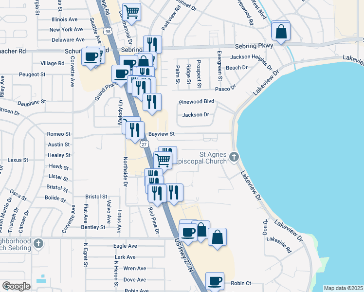 map of restaurants, bars, coffee shops, grocery stores, and more near 2340 West Jackson Street in Sebring