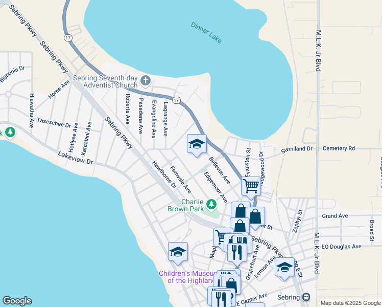 map of restaurants, bars, coffee shops, grocery stores, and more near 817 Woodlawn Drive in Sebring