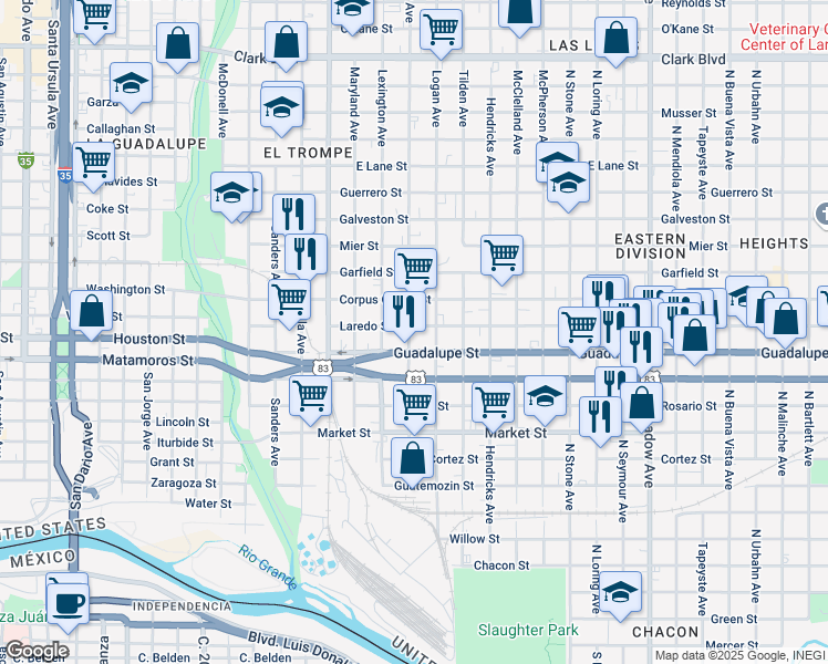 map of restaurants, bars, coffee shops, grocery stores, and more near 1217 Cedar Avenue in Laredo