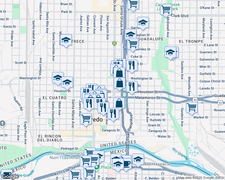 map of restaurants, bars, coffee shops, grocery stores, and more near 801-899 San Agustin Ave in Laredo