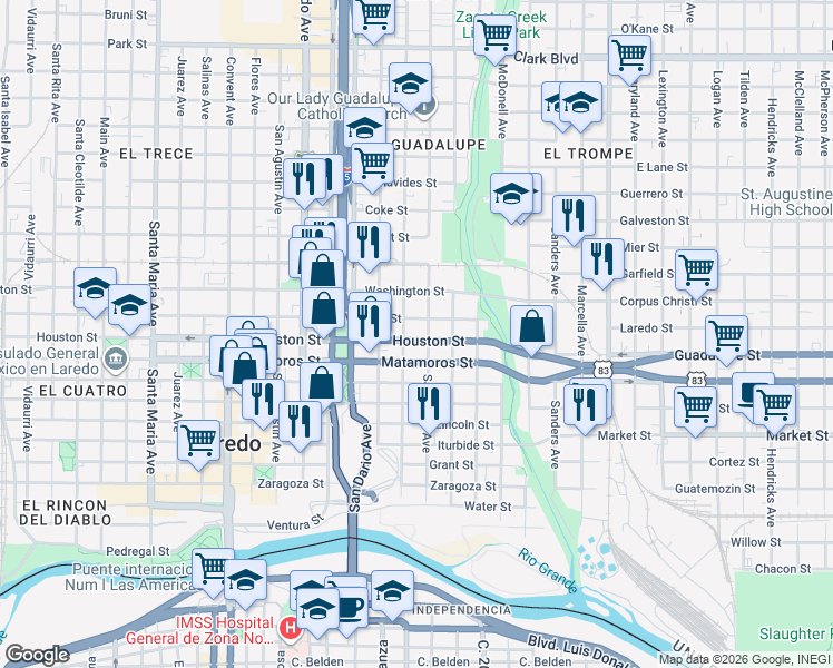 map of restaurants, bars, coffee shops, grocery stores, and more near 315 Houston Street in Laredo