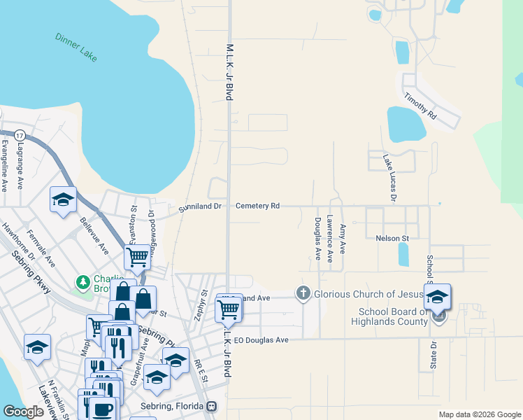 map of restaurants, bars, coffee shops, grocery stores, and more near 3524 Curry Street in Sebring