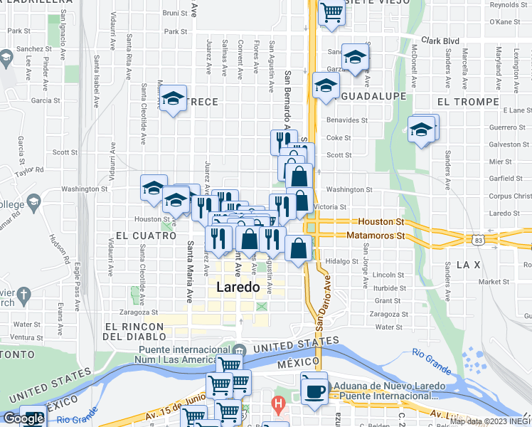map of restaurants, bars, coffee shops, grocery stores, and more near 1000 Houston Street in Laredo