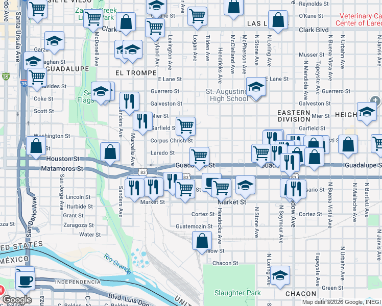 map of restaurants, bars, coffee shops, grocery stores, and more near 718 Laredo Street in Laredo