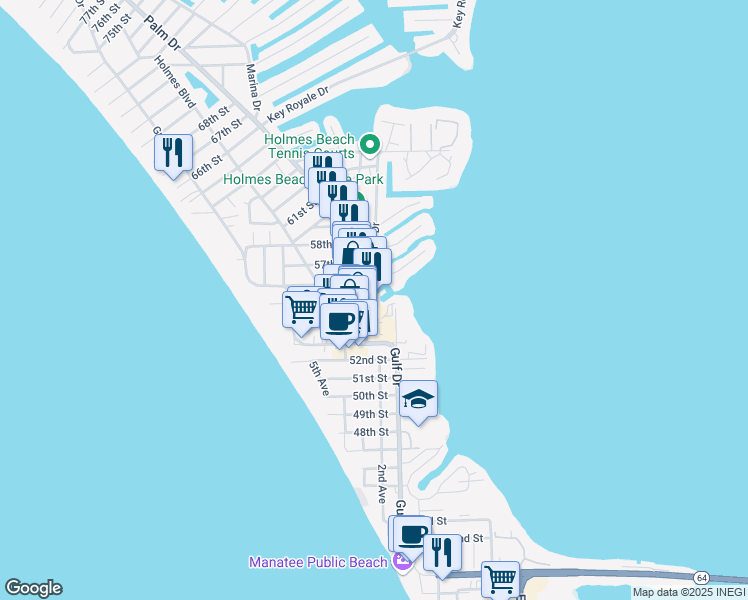 map of restaurants, bars, coffee shops, grocery stores, and more near 5325 Marina Drive in Holmes Beach