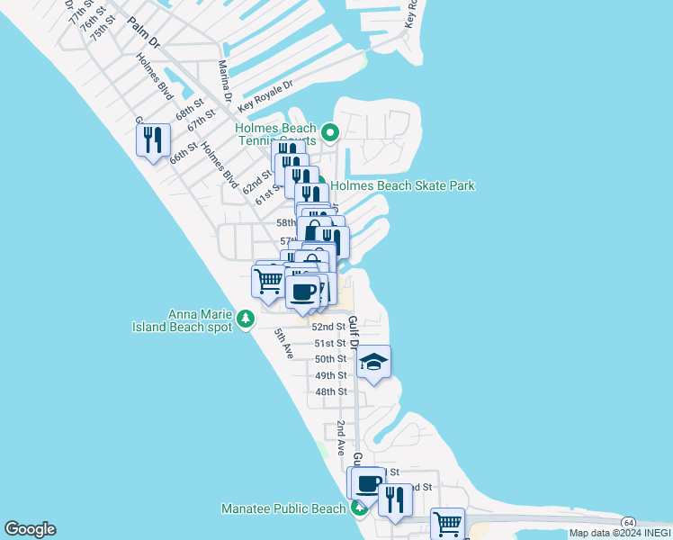 map of restaurants, bars, coffee shops, grocery stores, and more near 5325 Marina Drive in Holmes Beach