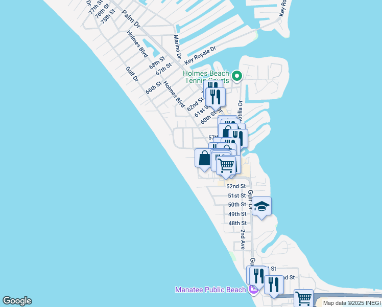 map of restaurants, bars, coffee shops, grocery stores, and more near 2 Gulf Drive in Holmes Beach