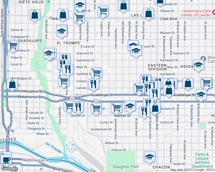 map of restaurants, bars, coffee shops, grocery stores, and more near 820 Laredo Street in Laredo