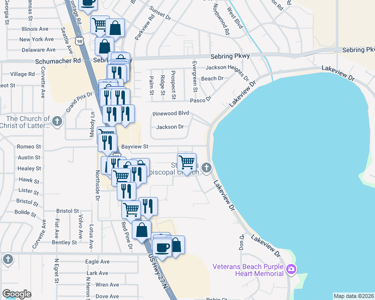 map of restaurants, bars, coffee shops, grocery stores, and more near 2163-2175 Bayview Street in Sebring