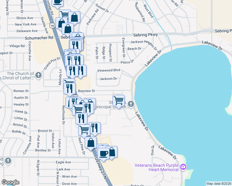 map of restaurants, bars, coffee shops, grocery stores, and more near 2610 Pinewood Boulevard in Sebring