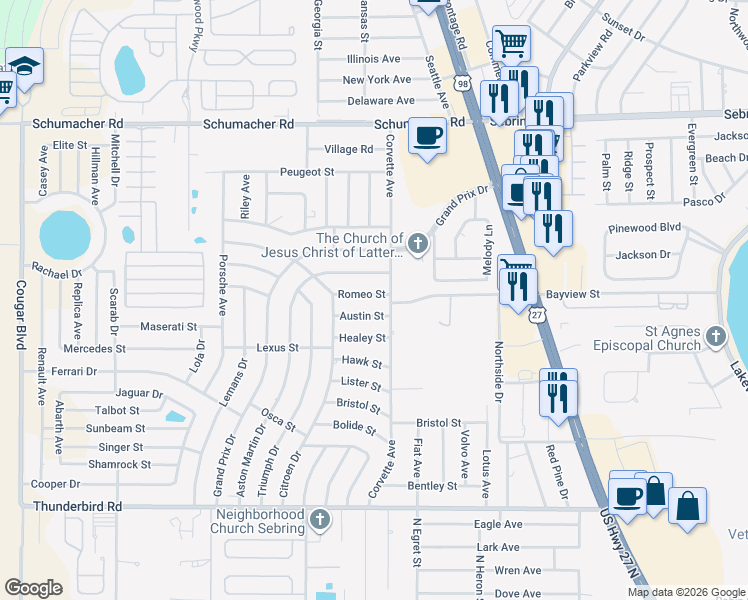map of restaurants, bars, coffee shops, grocery stores, and more near 3321 Aston Martin Drive in Sebring