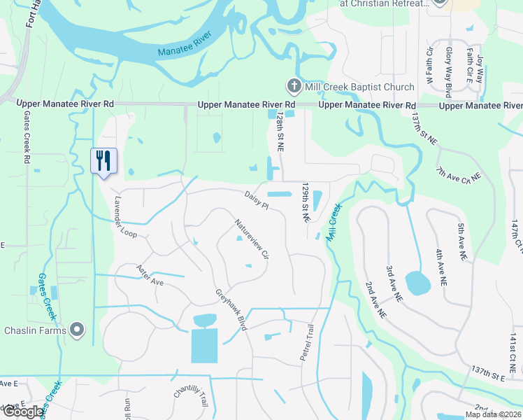 map of restaurants, bars, coffee shops, grocery stores, and more near 12628 Daisy Place in Bradenton