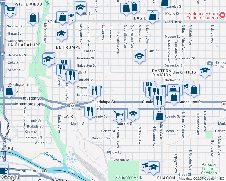map of restaurants, bars, coffee shops, grocery stores, and more near 904 Corpus Christi Street in Laredo