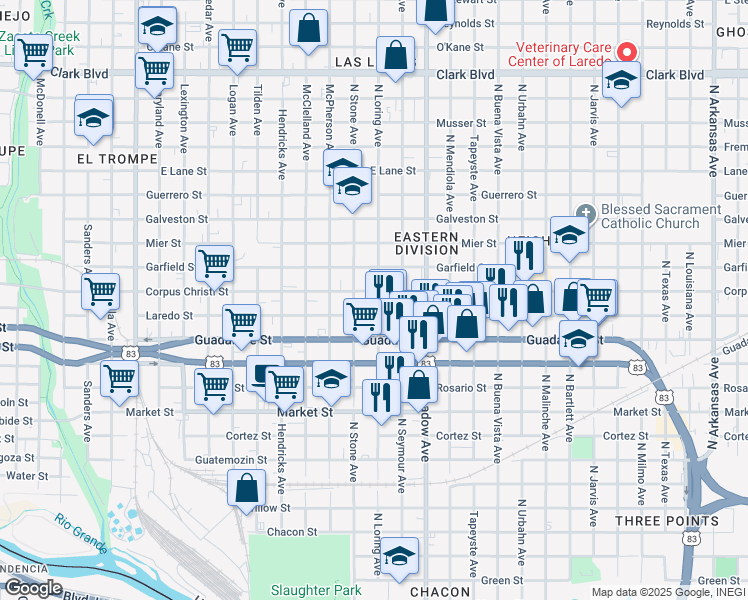 map of restaurants, bars, coffee shops, grocery stores, and more near 1312 Corpus Christi Street in Laredo