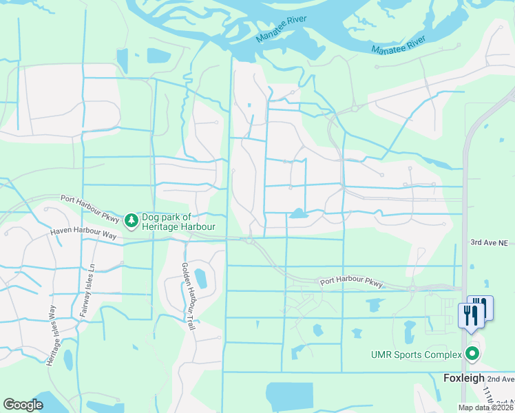 map of restaurants, bars, coffee shops, grocery stores, and more near 625 Foggy Morn Lane in Bradenton