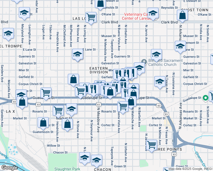 map of restaurants, bars, coffee shops, grocery stores, and more near 1720 Corpus Christi Street in Laredo