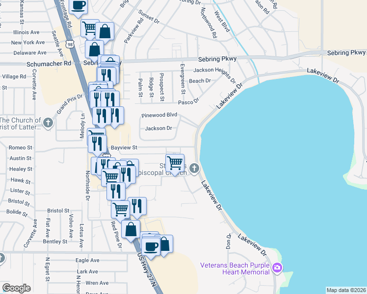map of restaurants, bars, coffee shops, grocery stores, and more near 2163 Bayview Street in Sebring