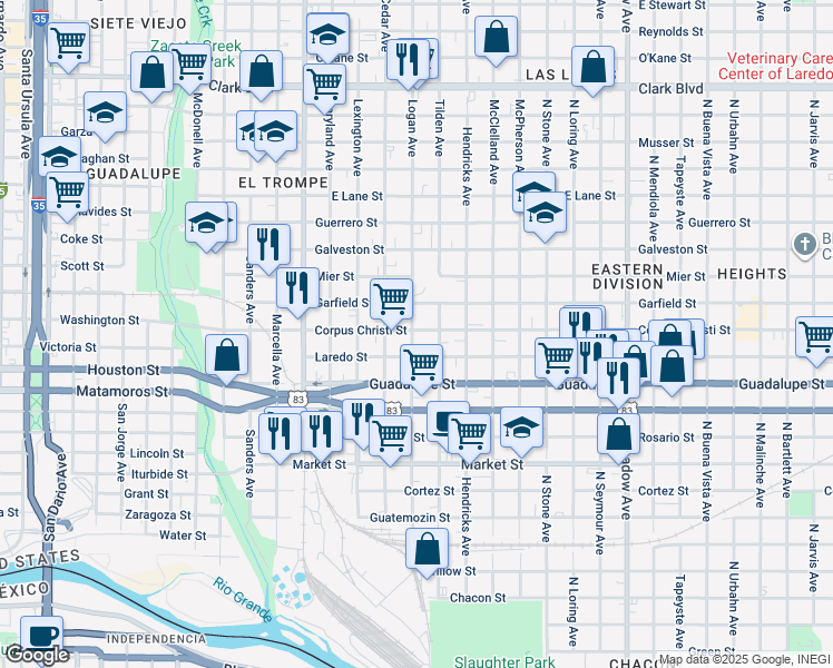 map of restaurants, bars, coffee shops, grocery stores, and more near 718 Corpus Christi Street in Laredo