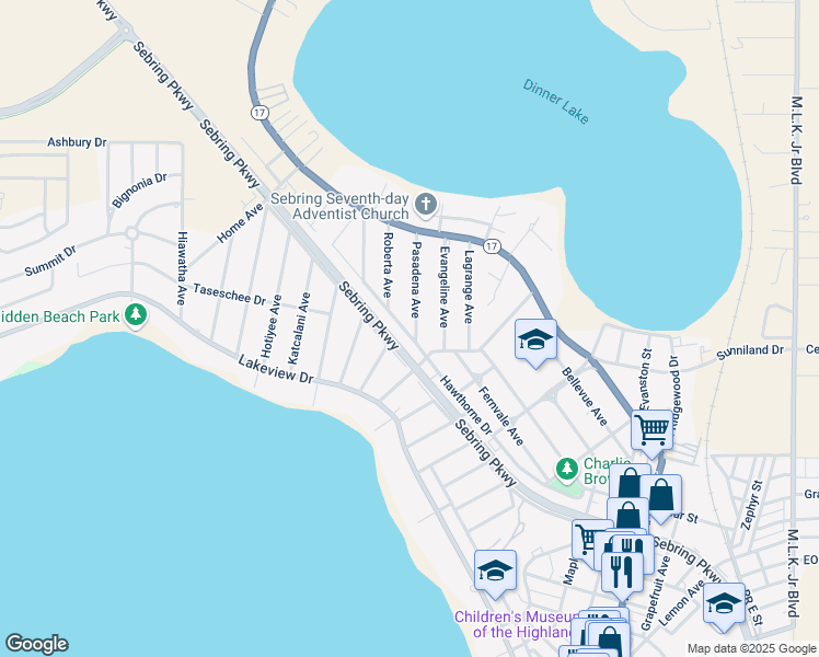 map of restaurants, bars, coffee shops, grocery stores, and more near 1519 Pasadena Avenue in Sebring