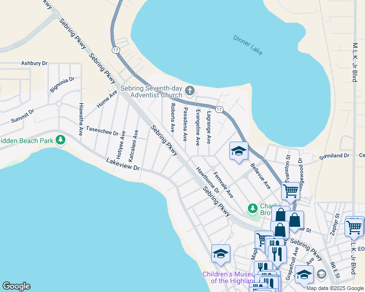 map of restaurants, bars, coffee shops, grocery stores, and more near 1519 Pasadena Avenue in Sebring