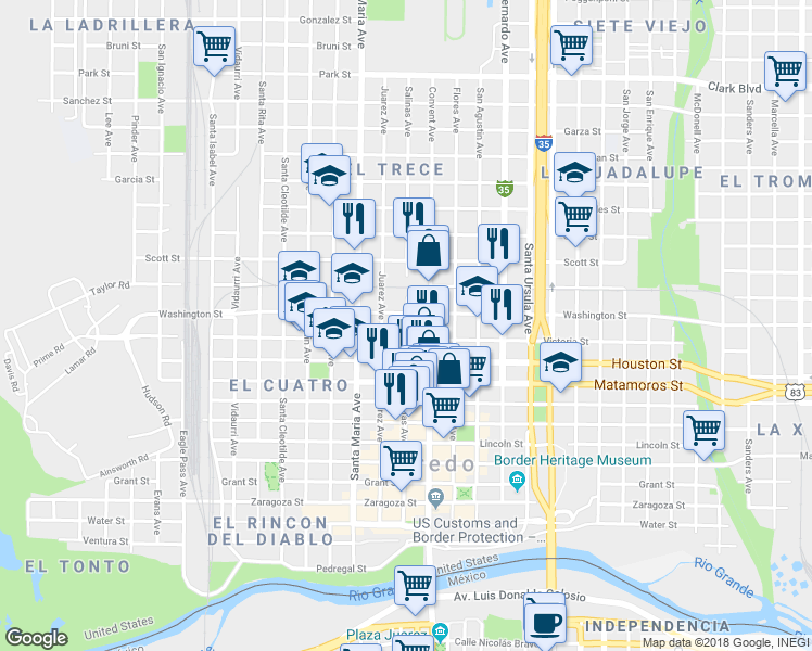 map of restaurants, bars, coffee shops, grocery stores, and more near 1300 Victoria Street in Laredo