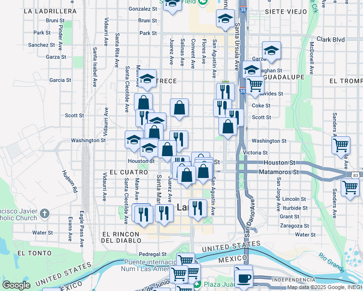map of restaurants, bars, coffee shops, grocery stores, and more near 1300 Victoria Street in Laredo