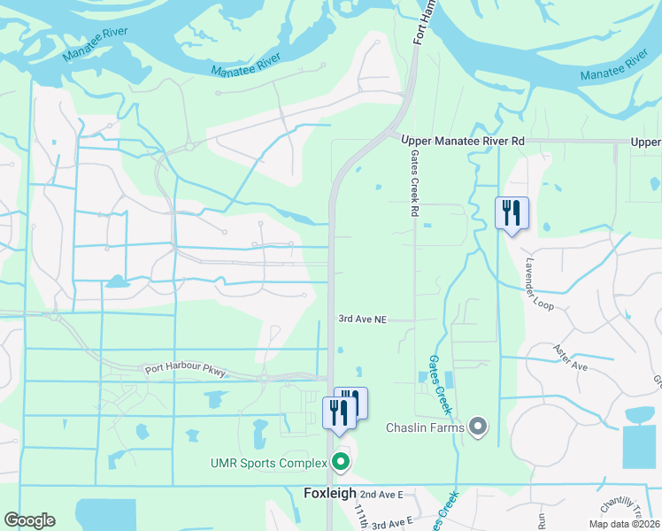 map of restaurants, bars, coffee shops, grocery stores, and more near 501 Upper Manatee River Road in Bradenton