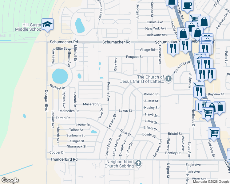 map of restaurants, bars, coffee shops, grocery stores, and more near 4001 Alpine Street in Sebring