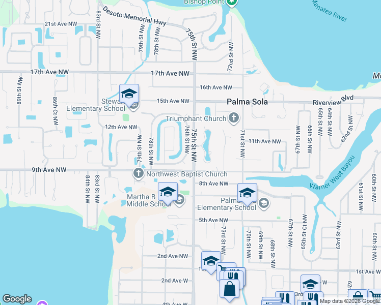 map of restaurants, bars, coffee shops, grocery stores, and more near 1003 76th Street Northwest in Bradenton