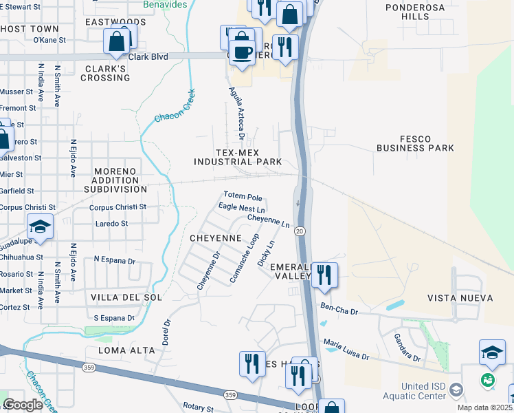 map of restaurants, bars, coffee shops, grocery stores, and more near 4040 Eagle Nest Ln in Laredo
