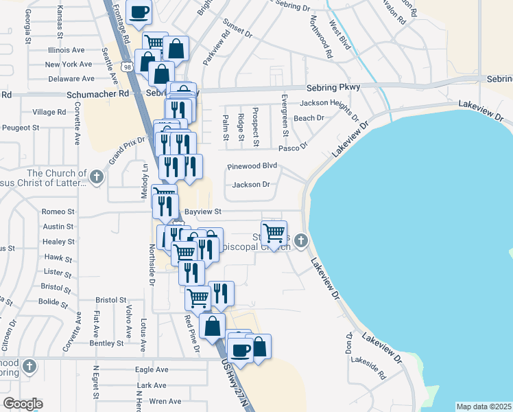 map of restaurants, bars, coffee shops, grocery stores, and more near 2610 Pinewood Boulevard in Sebring