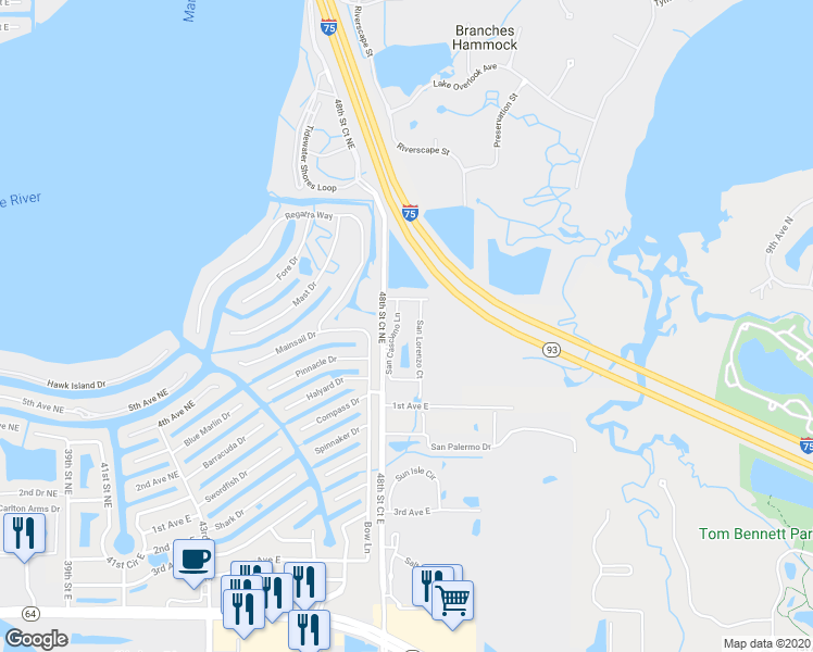 map of restaurants, bars, coffee shops, grocery stores, and more near 121 48th Street Court Northeast in Bradenton