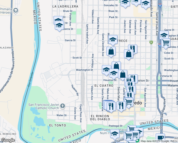 map of restaurants, bars, coffee shops, grocery stores, and more near 1005 Santa Isabel Avenue in Laredo