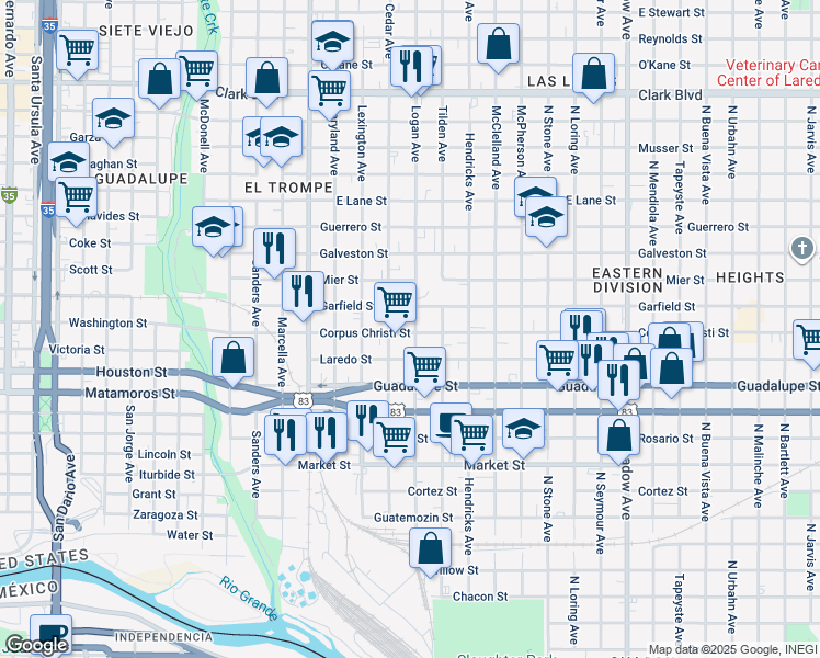 map of restaurants, bars, coffee shops, grocery stores, and more near 718 Corpus Christi Street in Laredo