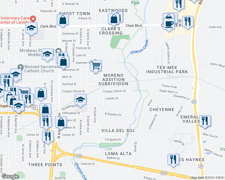 map of restaurants, bars, coffee shops, grocery stores, and more near 3500 Corpus Christi Street in Laredo