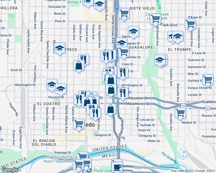 map of restaurants, bars, coffee shops, grocery stores, and more near in Laredo