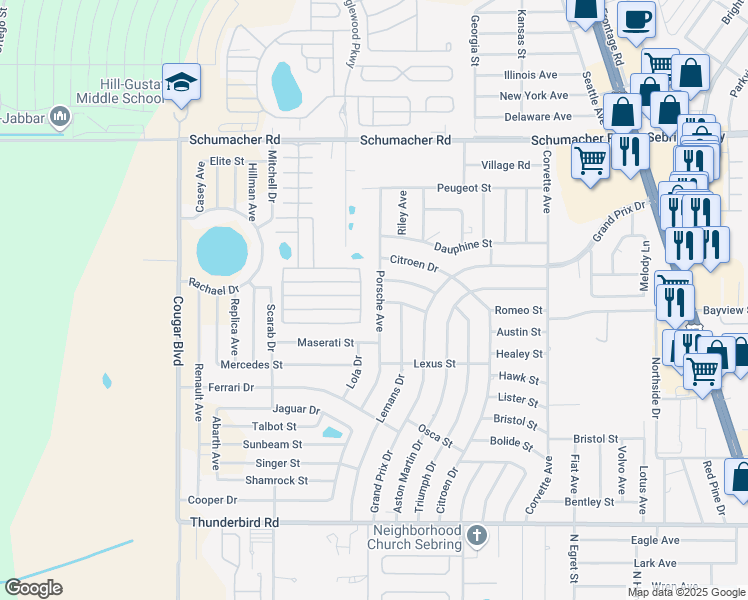 map of restaurants, bars, coffee shops, grocery stores, and more near 1101 Porsche Avenue in Sebring