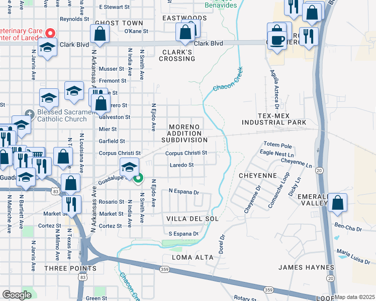 map of restaurants, bars, coffee shops, grocery stores, and more near 3500 Corpus Christi Street in Laredo