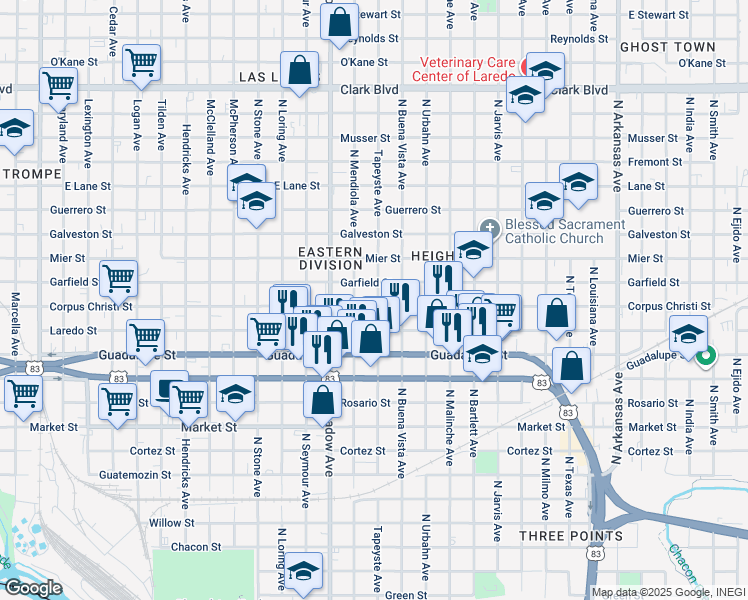 map of restaurants, bars, coffee shops, grocery stores, and more near 1720 Corpus Christi Street in Laredo