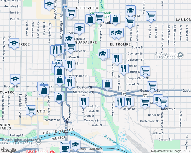 map of restaurants, bars, coffee shops, grocery stores, and more near 0 Corpus Christi Street in Laredo