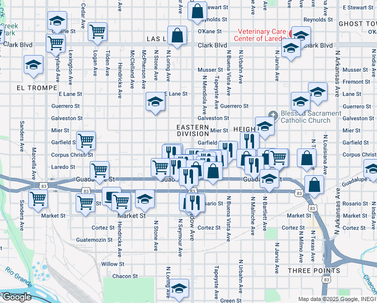 map of restaurants, bars, coffee shops, grocery stores, and more near 1602 Corpus Christi Street in Laredo