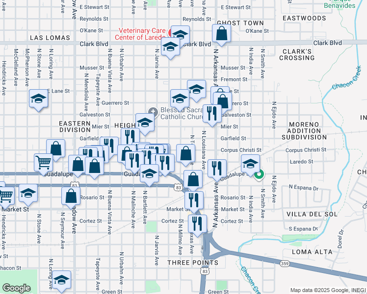 map of restaurants, bars, coffee shops, grocery stores, and more near 2502 Corpus Christi Street in Laredo
