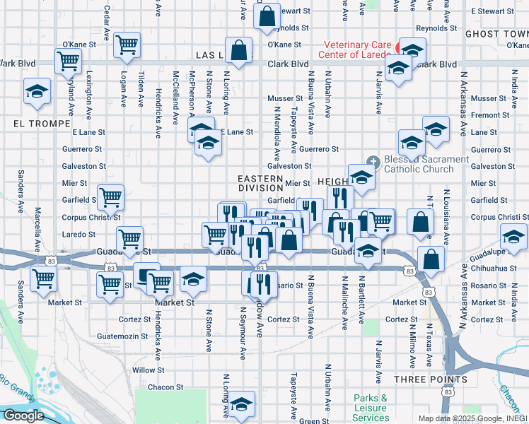 map of restaurants, bars, coffee shops, grocery stores, and more near 1602 Corpus Christi Street in Laredo